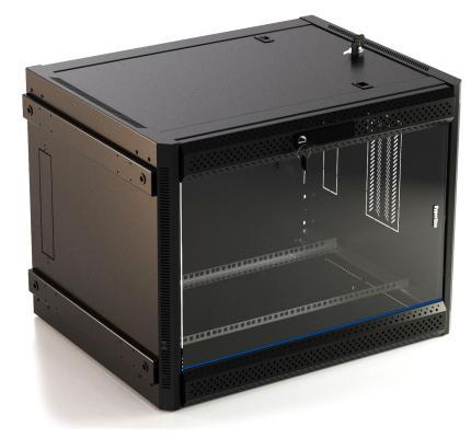 Hyperline TWB-FC-1266-GP-RAL9004 Шкаф настенный 19-дюймовый (19"), 12U, 650x600x600 мм, стеклянная дверь с перфорацией по бокам, ручка с замком, с возможностью установки на ножки, цвет черный RAL 9004