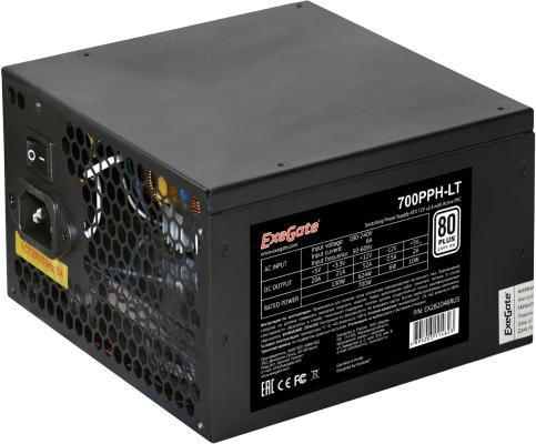 Блок питания ATX 700 Вт ExeGate EX282048RUS-S 700PPH-LT-S, RTL, 80+, ATX, black, APFC, 12cm, 24p, (4+4)p, 5*SATA, 3*IDE, с защитой от выдергивания