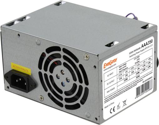 Блок питания ATX 350 Вт Exegate ES259589RUS-S AAA350, ATX, SC, 8cm fan, 24p+4p, 2*SATA, 1*IDE + кабель 220V с защитой от выдергивания