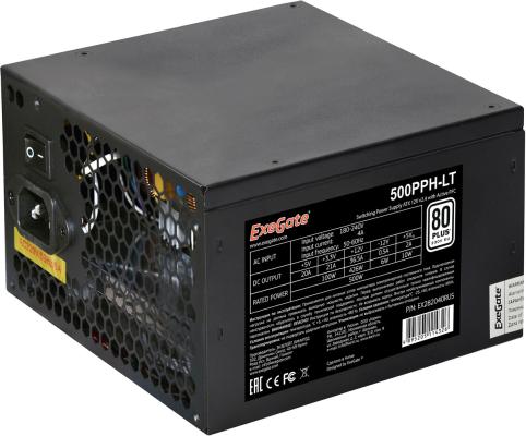 Блок питания ATX 500 Вт ExeGate EX282040RUS-S 500PPH-LT-S, RTL, 80+, ATX, black, APFC, 12cm, 24p, (4+4)p, 5*SATA, 3*IDE, с защитой от выдергивания