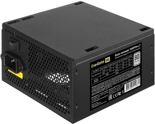 Блок питания ATX 700 Вт ExeGate 80 PLUS® 700PPH-LT-S-OEM (ATX, APFC, КПД 82% (80 PLUS)SC, 12cm fan, 24pin, (4+4)pin, PCIe, 5xSATA, 3xIDE, кабель 220V с защитой от выдергивания, black, RTL)