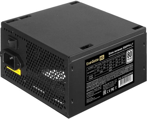 Блок питания ATX 500 Вт ExeGate 80 PLUS® 500PPH-LT-OEM (ATX, APFC, КПД 82% (80 PLUS), 12cm fan, 24pin, (4+4)pin, PCIe, 5xSATA, 3xIDE, black, RTL)