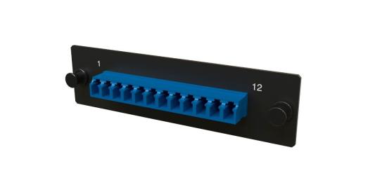 Hyperline FO-FPM-W120H32-12LC-BL Панель для FO-19BX с 12 LC адаптерами, 12 волокон, одномод OS1/OS2, 120x32 мм, адаптеры цвета синий (blue)
