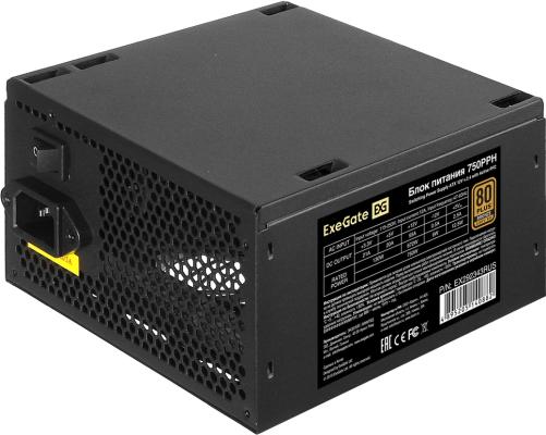 Блок питания ATX 750 Вт ExeGate 80 PLUS® Bronze 750PPH (ATX, APFC, КПД 85% (80 PLUS Bronze), 12cm fan, 24pin, 2x(4+4)pin, 4xPCI-E, 6xSATA, 6xIDE, black, Color Box) EX292343RUS