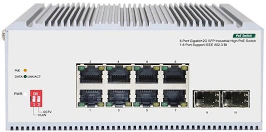 Unmanaged Industrial Switch 8x1000Base-T PoE, 2x1000Base-X SFP, PoE Budget 185W, Surge 4KV, -40 to 75°C