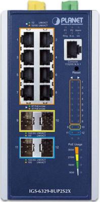 коммутатор/ PLANET IGS-6329-8UP2S2X IP30 DIN-rail Industrial L3 8-Port 10/100/1000T 802.3bt PoE + 2-port 1G/2.5G SFP + 2-Port 10G SFP+ Full Managed Switch (-40 to 75 C, 8-port 95W PoE++, 802.3bt/PoH/Force modes, DIDO, ERPS Ring, 1588 PTP TC, Modbus TCP, ONVIF, Cybersecurity features, Layer3 OSPFv2 routing, supports CloudViewer app and MQTT, supports 100FX, 1000X, 2.5G SFP and 10G SFP+, EN61000-6-2/-4 Heavy Industrial EMC and EN50121-4 Railway certified)