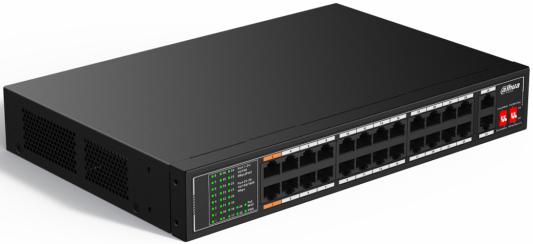 DAHUA DH-SF1026LP 26-портовый неуправляемый коммутатор с РоЕ, 24xRJ45 100Mb PoE, 2xRJ45 1Gb uplink, суммарно 190Вт, коммутация 8.8 Гбит/с, MAC-таблица 8K, металл