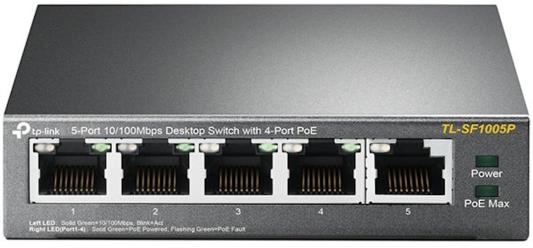 DAHUA DH-SF1005P 5-портовый неуправляемый коммутатор с РоЕ, 4xRJ45 100Mb PoE, 1xRJ45 100Mb uplink, суммарно 60Вт, коммутация 1.8 Гбит/с, MAC-таблица 2K, металл
