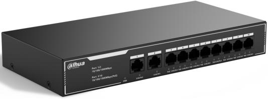 DAHUA DH-SG1010LP 10-портовый гигабитный неуправляемый коммутатор c PoE, 8xRJ45 1Gb PoE, 2xRJ45 1Gb uplink, суммарно 65Вт, коммутация 20 Гбит/с, MAC-таблица 2K, металл