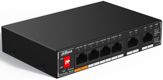 DAHUA DH-SG1006P 6-портовый гигабитный неуправляемый коммутатор c PoE, 4xRJ45 1Gb PoE, 2xRJ45 1Gb uplink, суммарно 60Вт, коммутация 14 Гбит/с, MAC-таблица 2K, металл