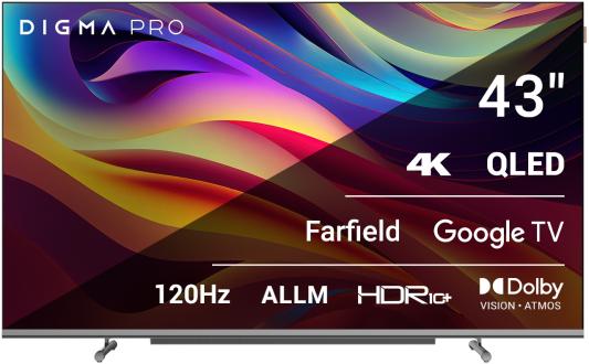 Телевизор QLED 43" Digma Pro 43L черный серебристый 3840x2160 120 Гц Wi-Fi Smart TV 3 х HDMI 2 х USB RJ-45