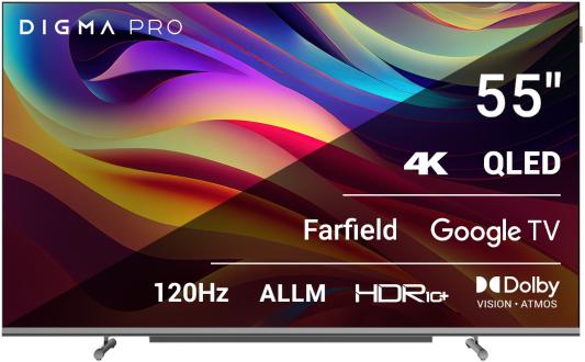 Телевизор QLED Digma Pro 55" QLED 55L Google TV Frameless черный/серебристый 4K Ultra HD 120Hz HSR DVB-T DVB-T2 DVB-C DVB-S DVB-S2 USB WiFi Smart TV