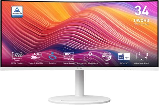 Монитор 34" MSI Modern MD342CQPW, VA, UltraWide (3440x1440), 4 мс, 300 кд/м?, HDMI, DisplayPort, аудио, USB, USB Type-C, белый