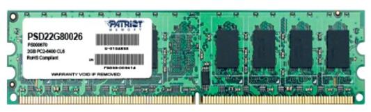 Оперативная память для компьютера 2Gb (1x2Gb) PC2-6400 800MHz DDR2 DIMM Unbuffered CL6 Patriot PSD22G80026