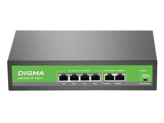 Коммутатор Digma DSP204F-2F-T80 DSP204F-2F-T80 V1 (L2) 6x100Мбит/с 4PoE 4PoE+ 80W неуправляемый