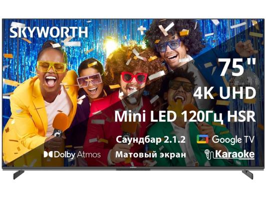 75", Ultra HD, Mini LED, Matte Screen, 400Nit, Local Dimming Zone 200, Google TV, DVB-T2/C/S2, 2.1.2ch Sound (30W + 20W SUB) Dolby Atmos, 180° звуковое поле, 120Hz, Freesync Premium (AMD), Karaoke Mode, 3 HDMI, 2 USB, Digital Audio Output, LAN, Composite output, Выход для наушников, 2 Pole, 2025