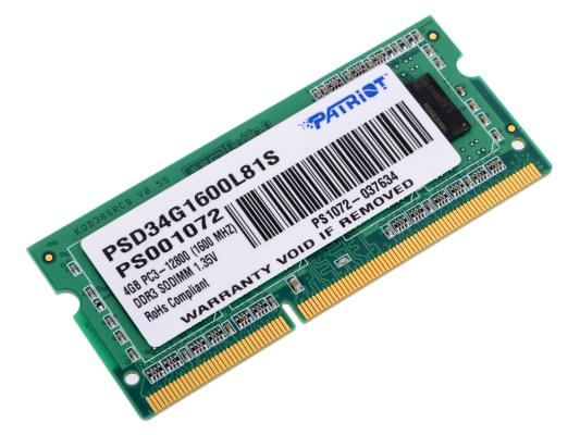 Оперативная память для ноутбука 4Gb (1x4Gb) PC3-12800 1600MHz DDR3 SO-DIMM CL11 Patriot Signature PSD34G1600L81S